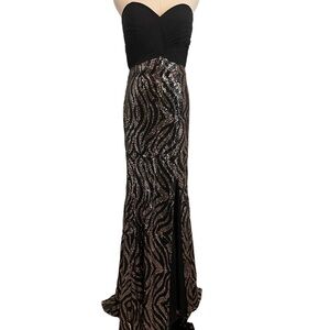 Vintage Night Moves Sequin Gown Women’s 10 Black Gold Strapless Low Back Dress
